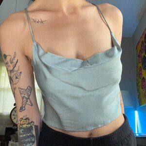urban outfitters blue silky satin drapey cowl neck crop top